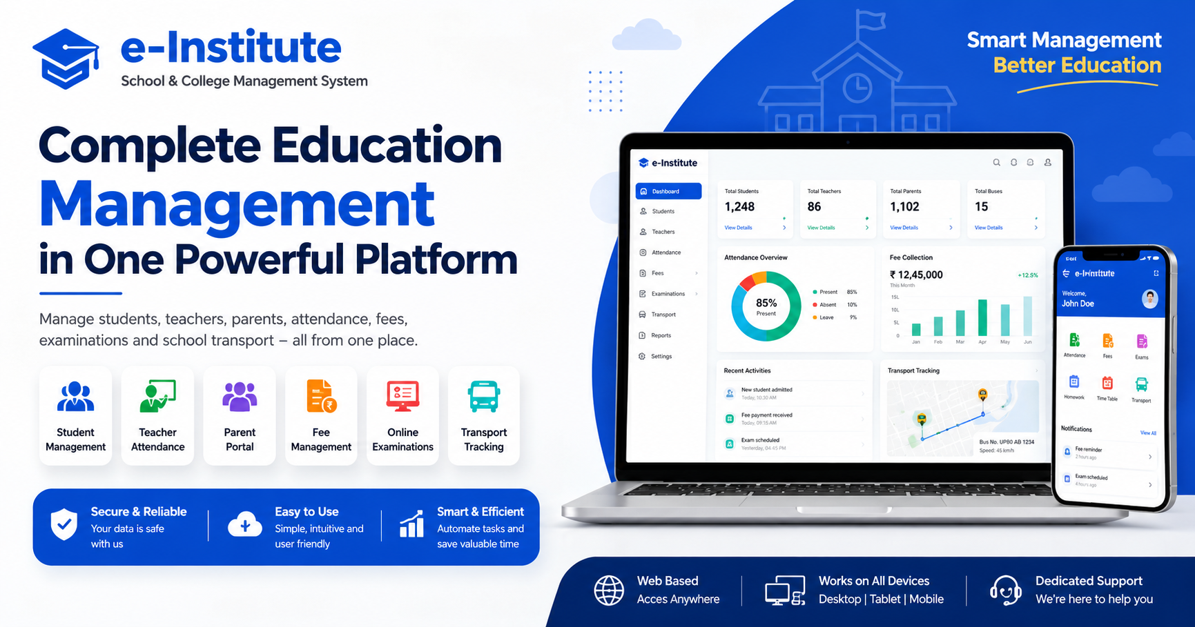 e-Institute complete school and college management system dashboard